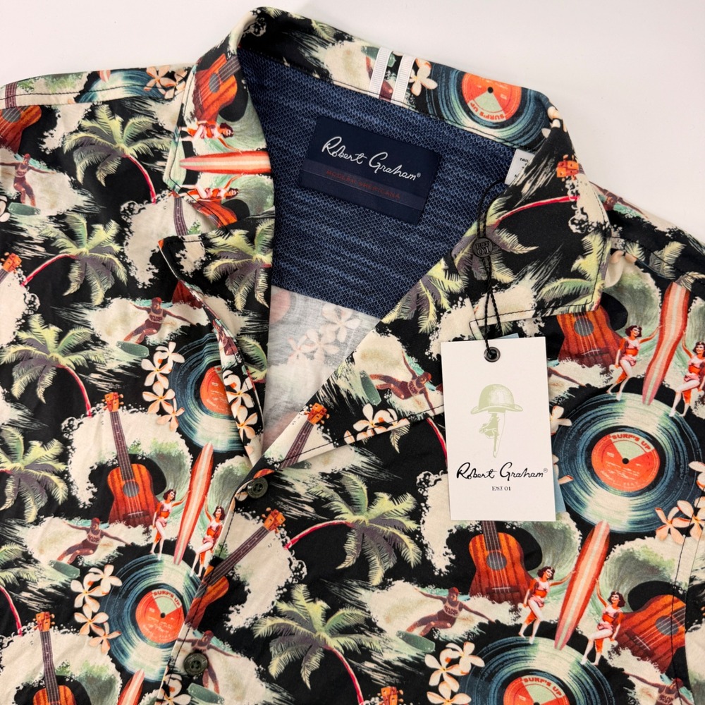 Robert Graham Guitar Camp Shirt Mens Medium Multi Short Sleeve Tailored Fit NEW